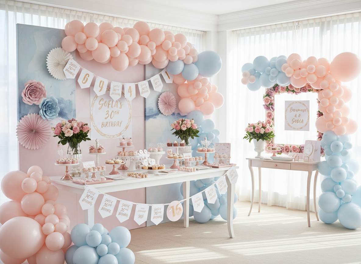 Detalle de cumpleaños temático con globos, mesa dulce y cartelería personalizada