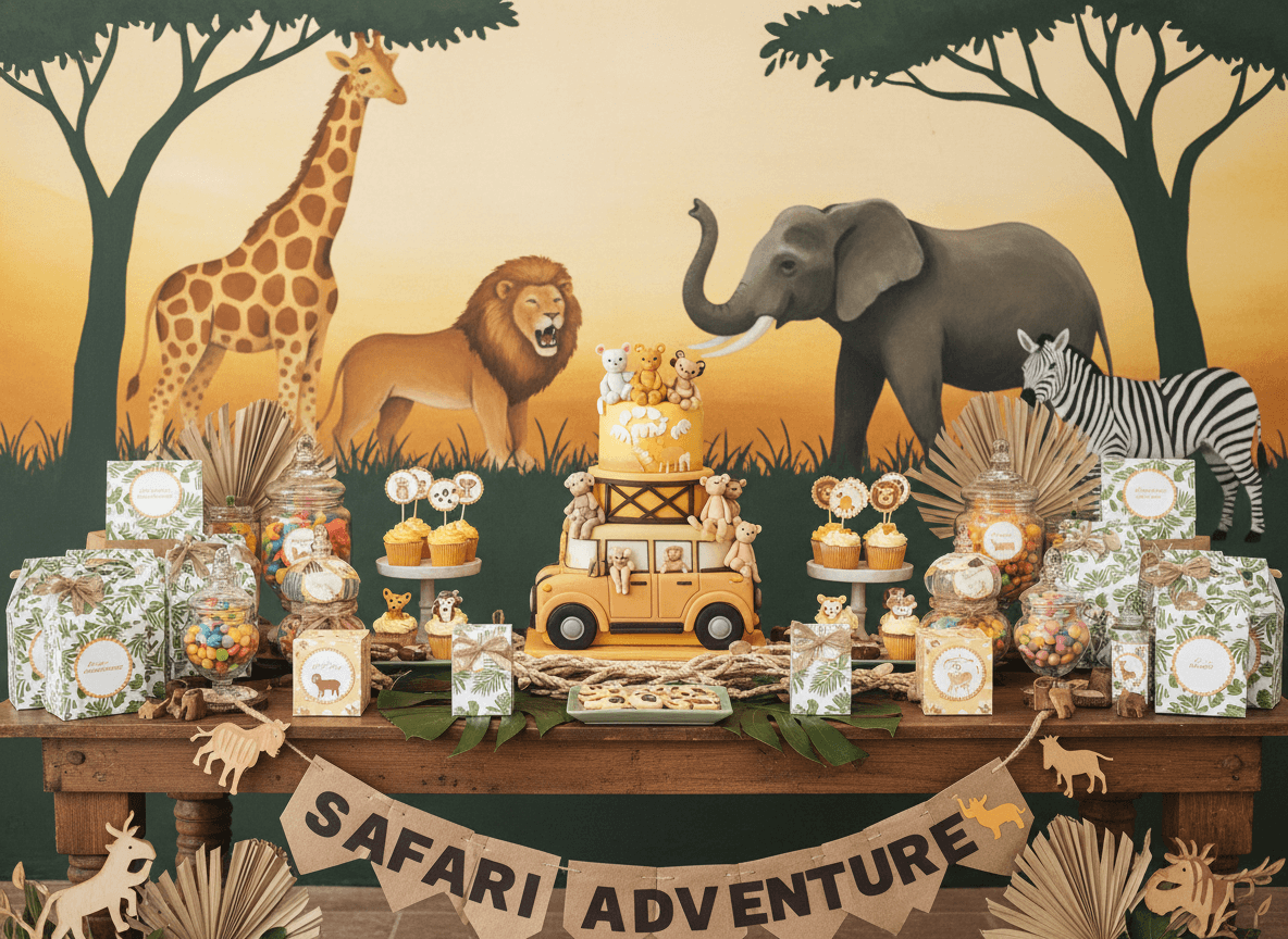 Detalle de fiesta infantil con globos, mesa dulce y papelería personalizada