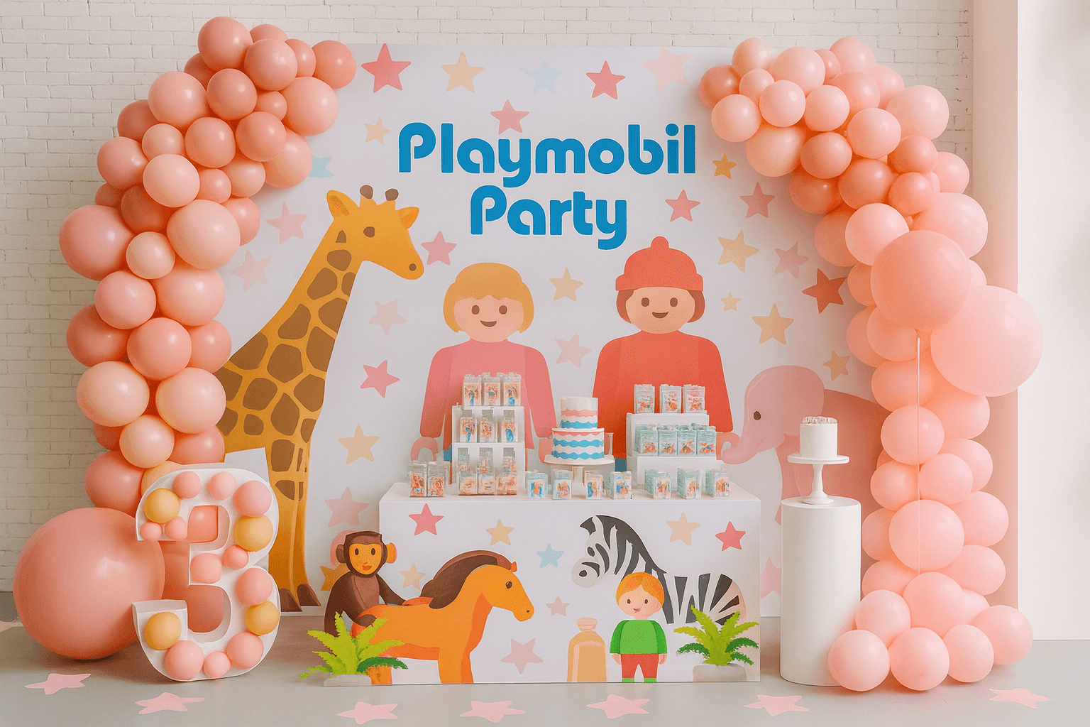 Decoración de fiesta infantil con globos y mesa dulce en tonos pastel